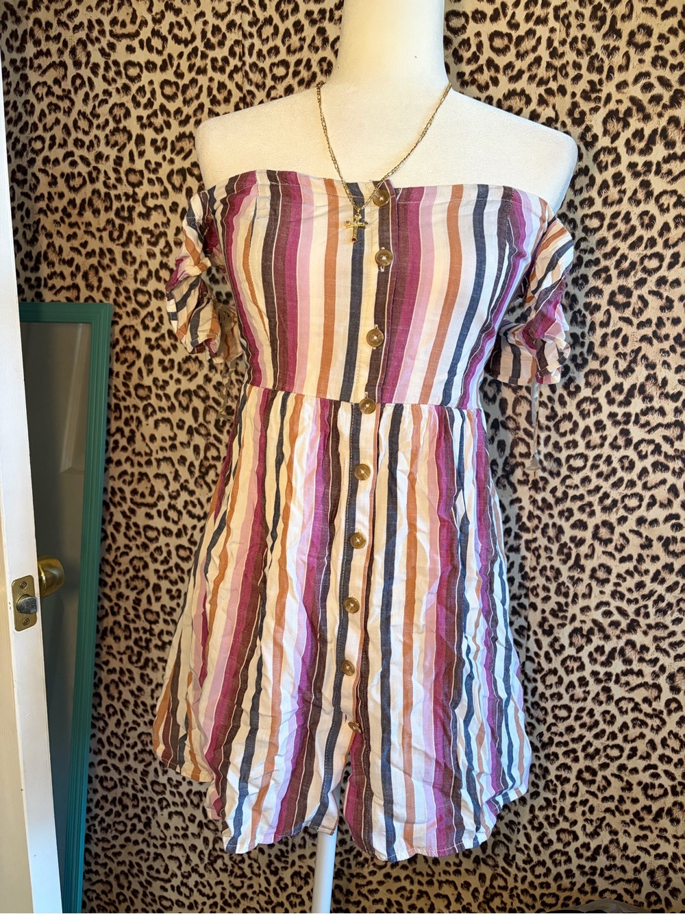 Aeropostale Pink, Purple, Tan & White Striped Off-Shoulder Dress